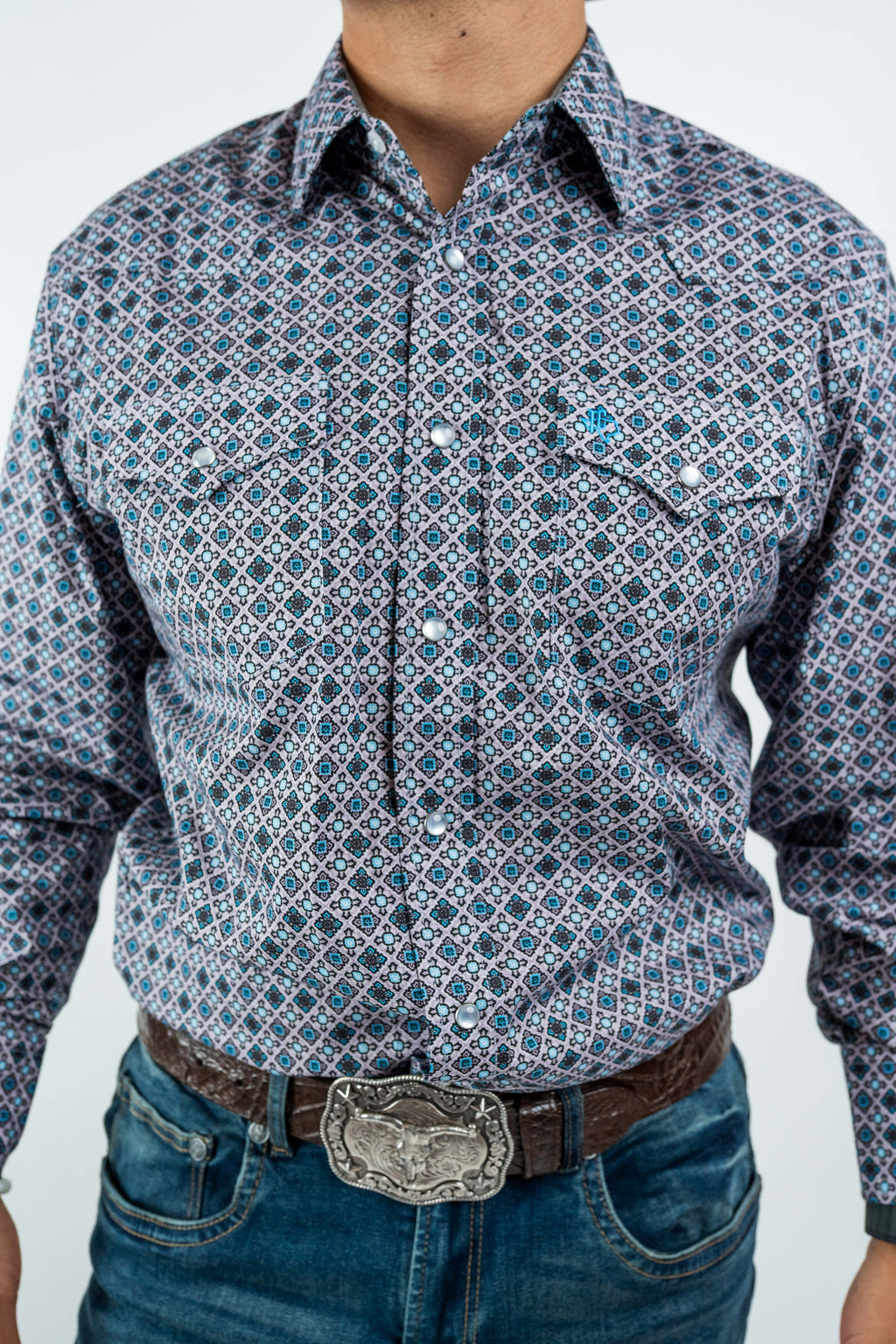 Texas Country - Gray Geometric Print Pearl Snap Long Sleeve Shirt (PS100L/T #1076)