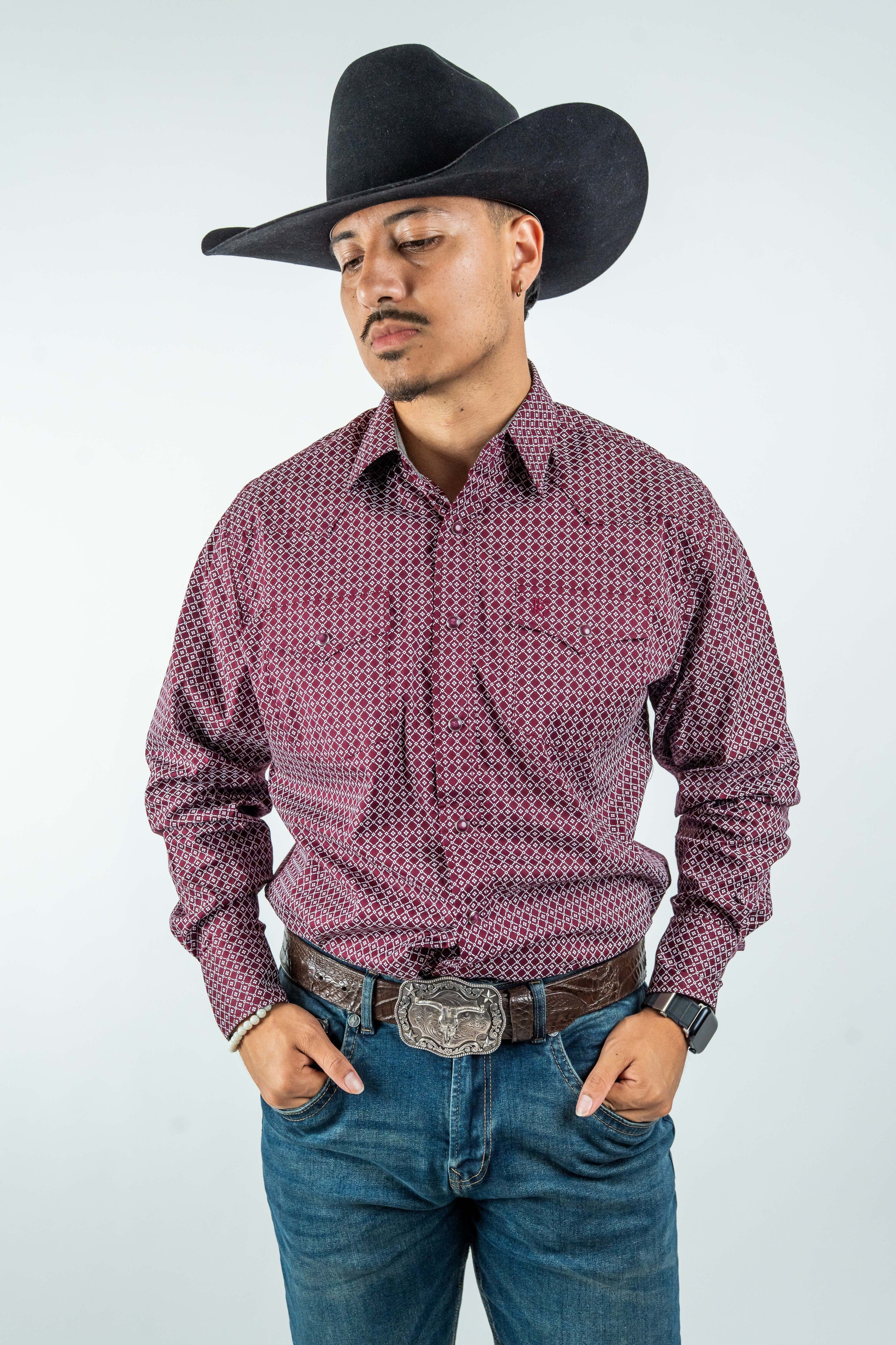 Texas Country - Burgundy Diamond Print Peal Snap Long Sleeve Shirt (PS100L/T #159)