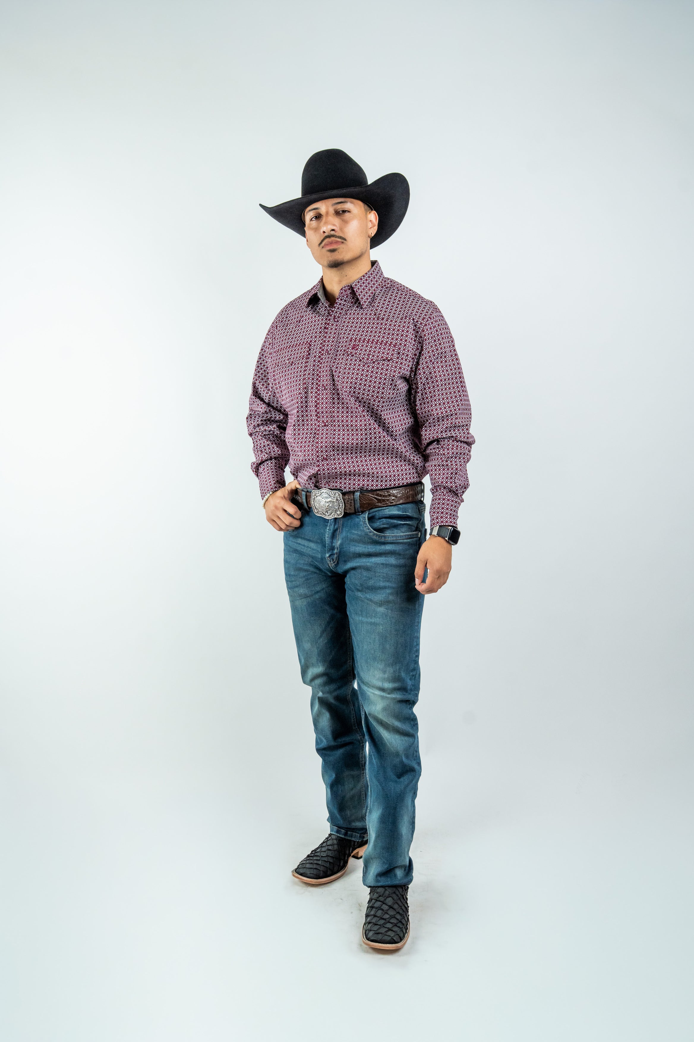 Texas Country - Burgundy Diamond Print Peal Snap Long Sleeve Shirt (PS100L/T #159)