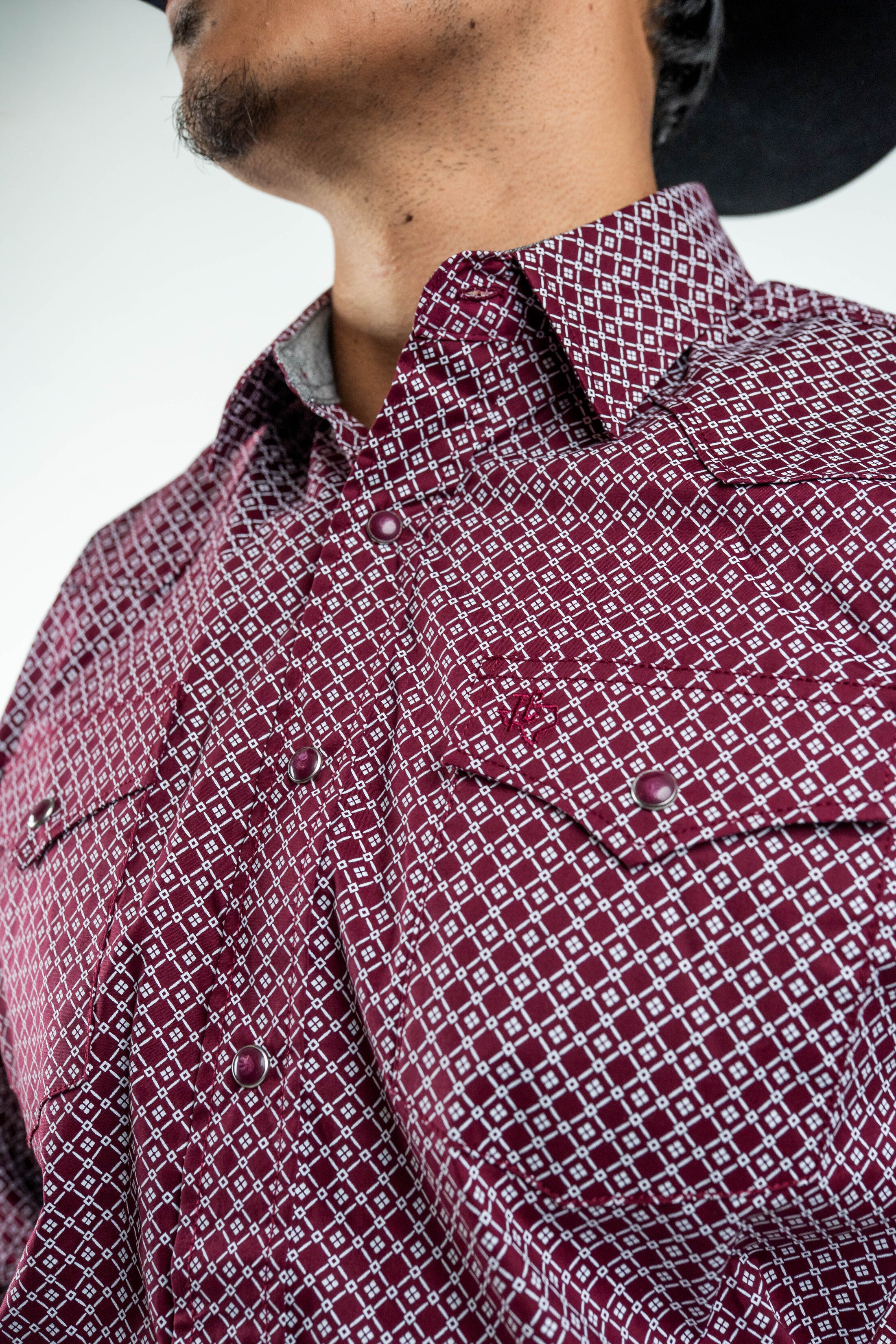 Texas Country - Burgundy Diamond Print Peal Snap Long Sleeve Shirt (PS100L/T #159)