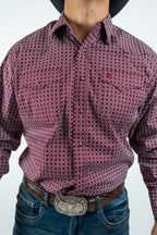 Texas Country - Burgundy Diamond Print Peal Snap Long Sleeve Shirt (PS100L/T #159)