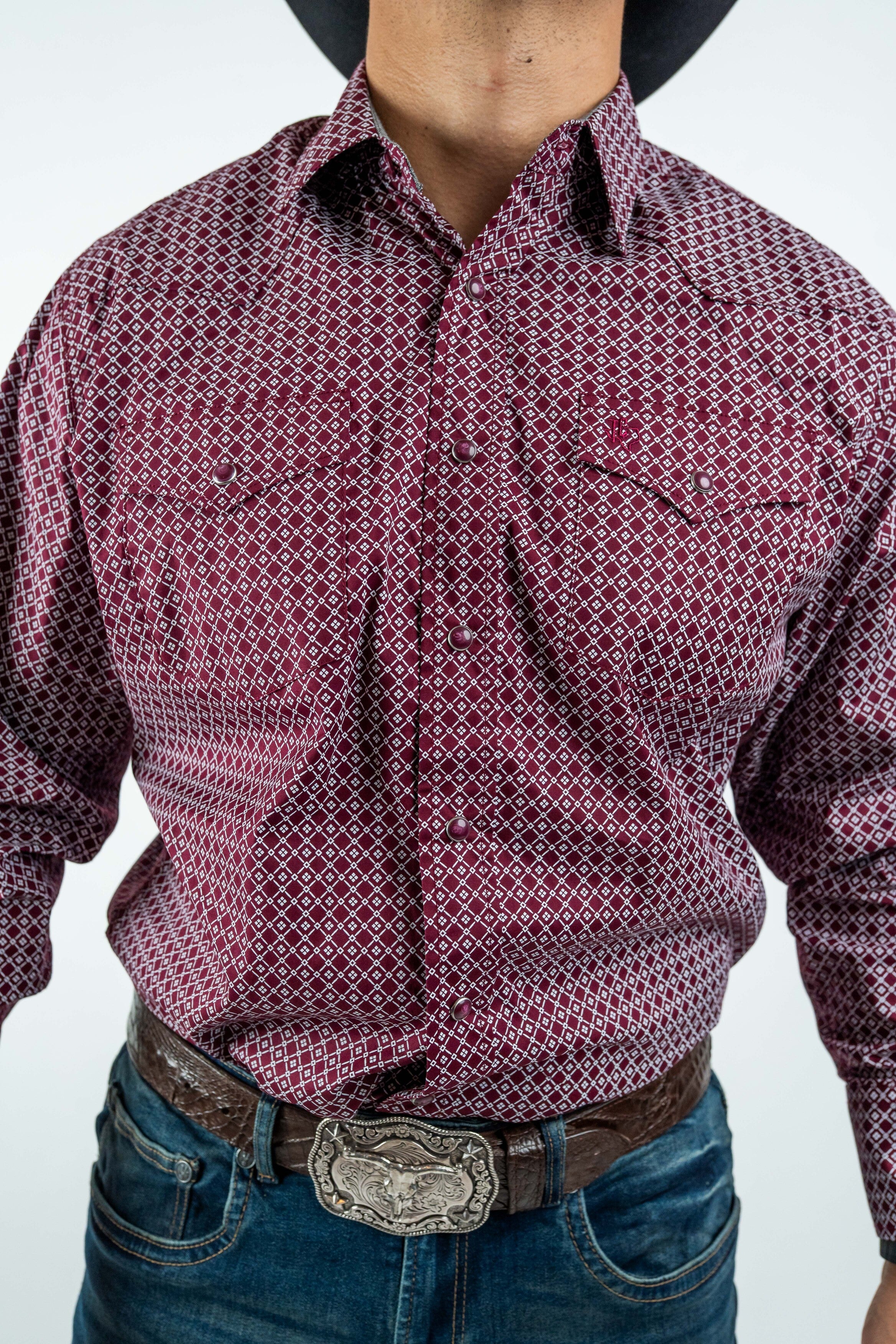 Texas Country - Burgundy Diamond Print Peal Snap Long Sleeve Shirt (PS100L/T #159)