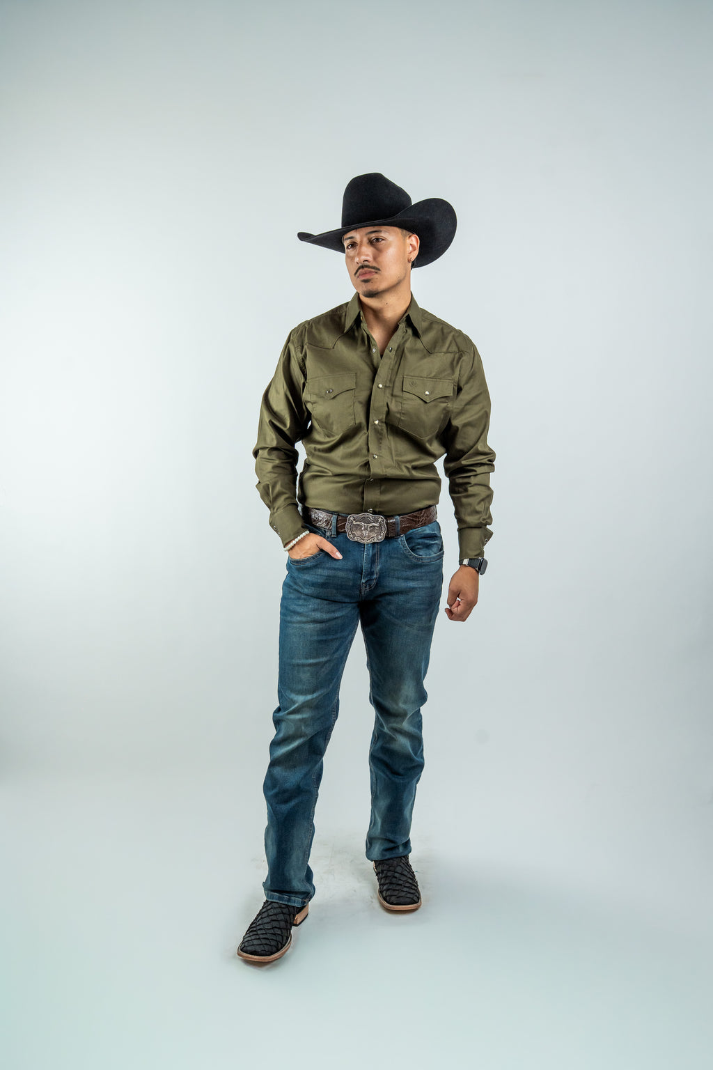 Texas Country - Solid Olive Pearl Snap Long-Sleeve Shirt (AC108L/T)