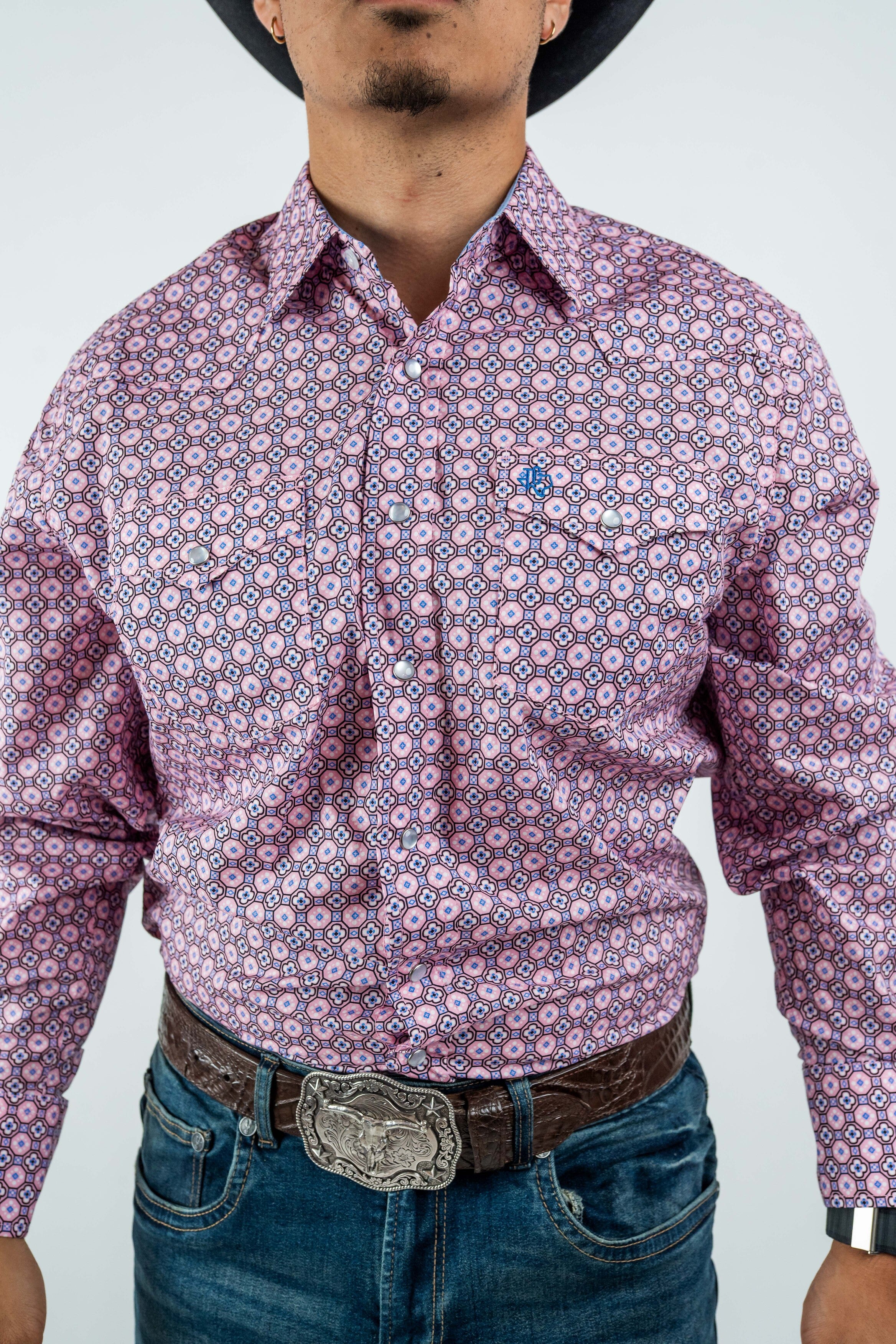 Texas Country - Pink Geometric Print Pearl Snap Long Sleeve Shirt (PS100L/T #123)