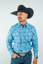 Texas Country - Light Blue Aztec Pearl Snap Long Sleeve Shirt (PS100L/T #1124)