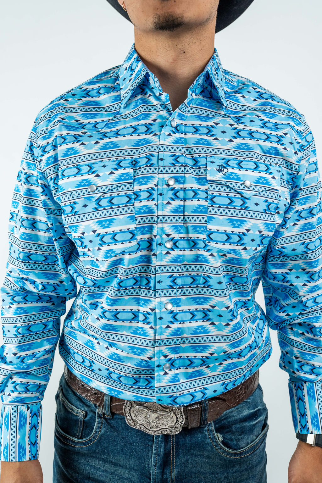 Texas Country - Light Blue Aztec Pearl Snap Long Sleeve Shirt (PS100L/T #1124)