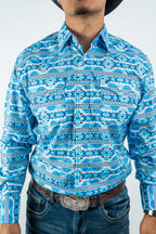 Texas Country - Light Blue Aztec Pearl Snap Long Sleeve Shirt (PS100L/T #1124)
