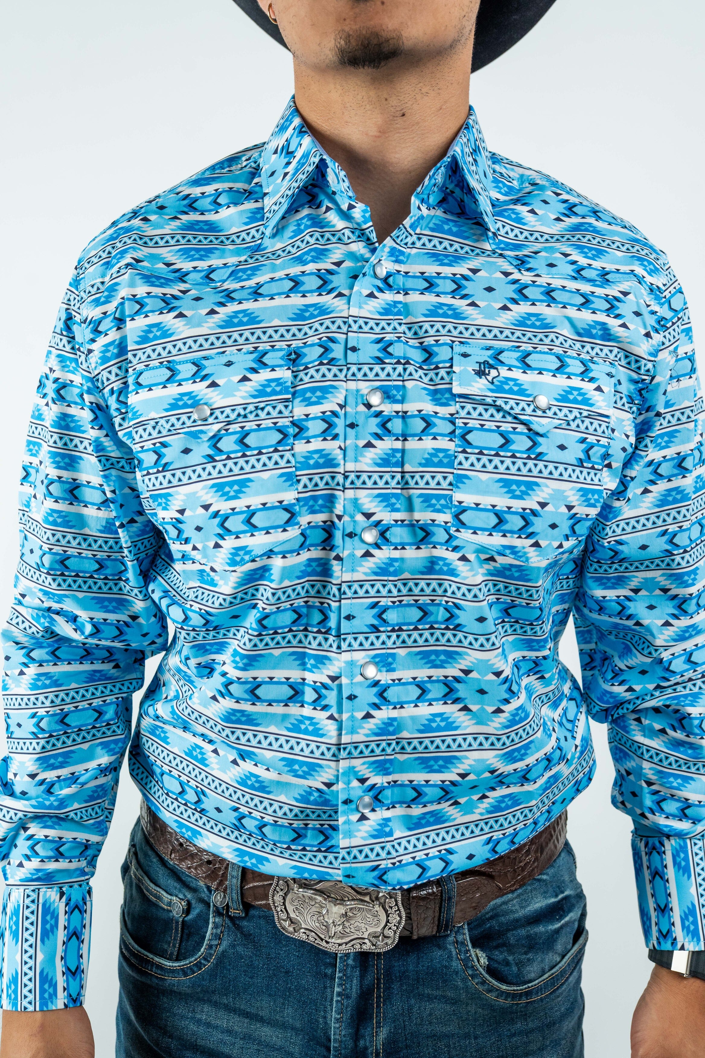 Texas Country - Light Blue Aztec Pearl Snap Long Sleeve Shirt (PS100L/T #1124)