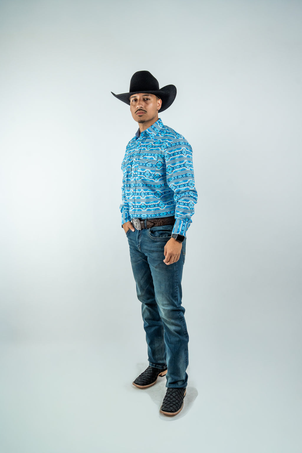 Texas Country - Light Blue Aztec Pearl Snap Long Sleeve Shirt (PS100L/T #1124)