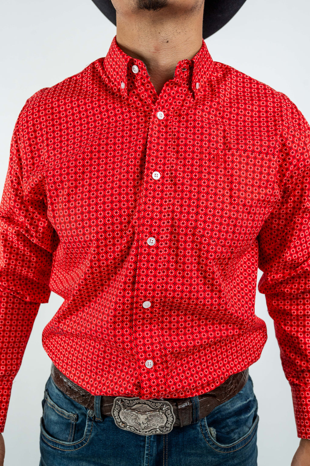 Texas Country - Red Flower Petals Button-Down Long Sleeve Shirt (MOD1086)