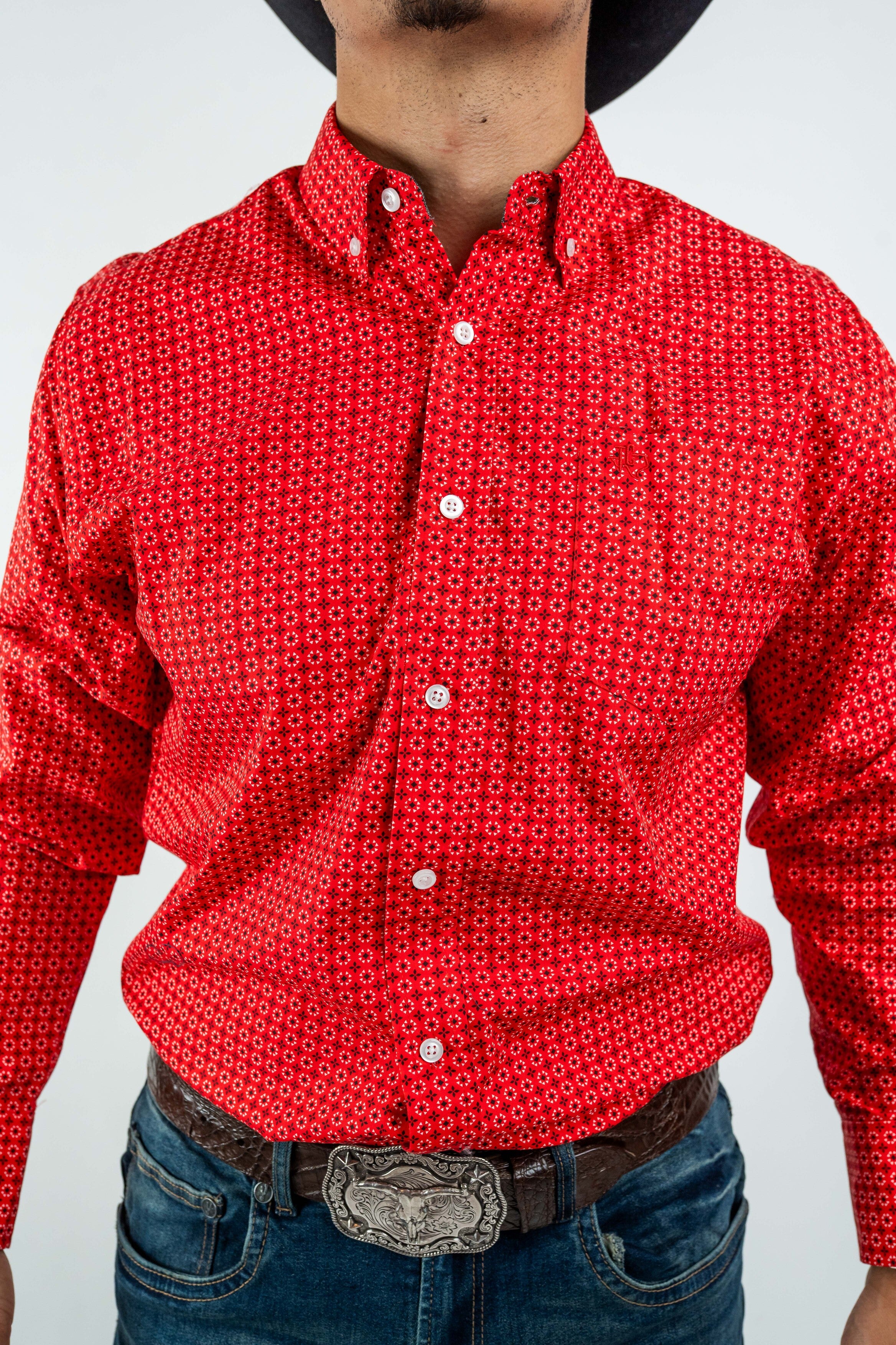 Texas Country - Red Flower Petals Button-Down Long Sleeve Shirt (MOD1086)
