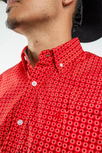 Texas Country - Red Flower Petals Button-Down Long Sleeve Shirt (MOD1086)