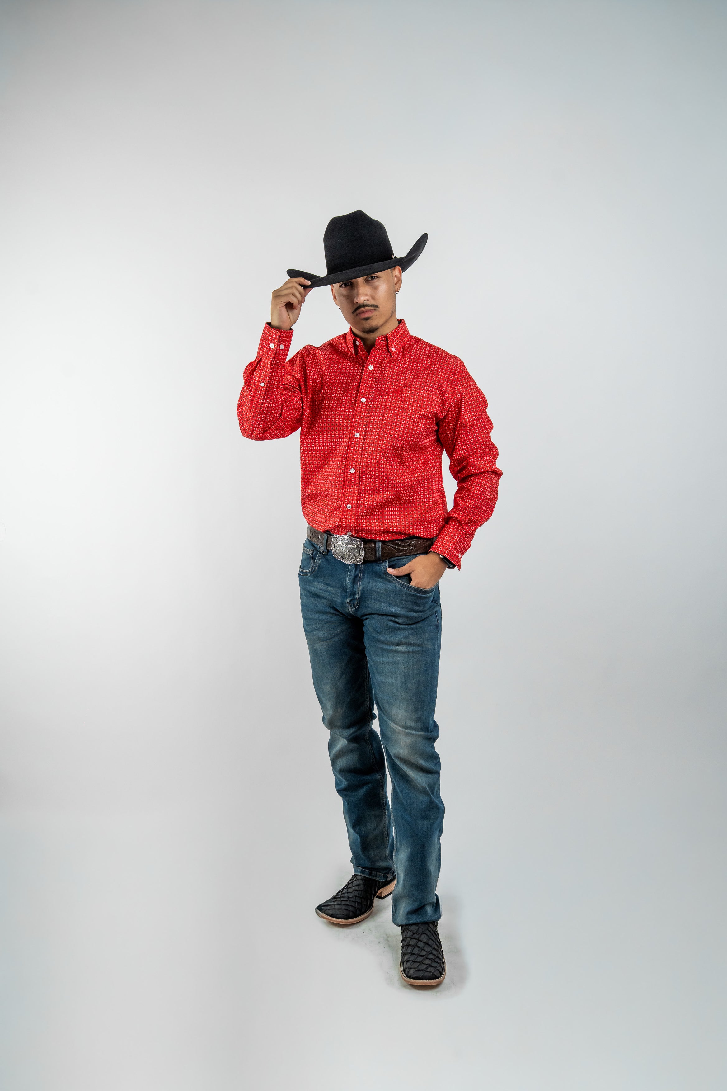 Texas Country - Red Flower Petals Button-Down Long Sleeve Shirt (MOD1086)