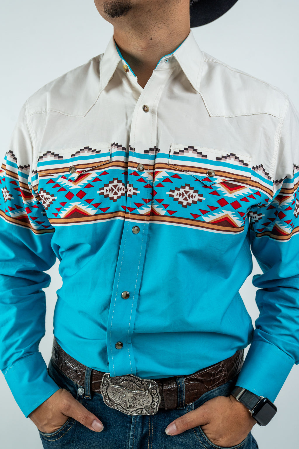 Texas Country - Turquoise Southwestern Pearl Snap Long Sleeve Shirt (MOD1090)