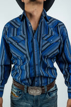 Texas Country - Blue Western Stripes Pearl Snap Long Sleeve Shirt (PS700L/T #7001)