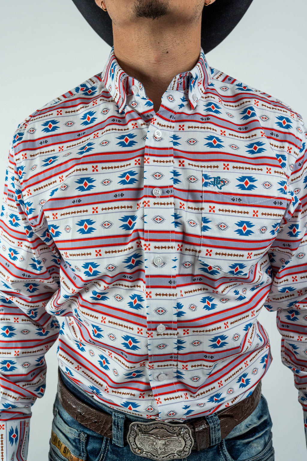Texas Country - White Aztec Stripe Pearl Snap Long Sleeve Shirt (PS300L/T #1054)