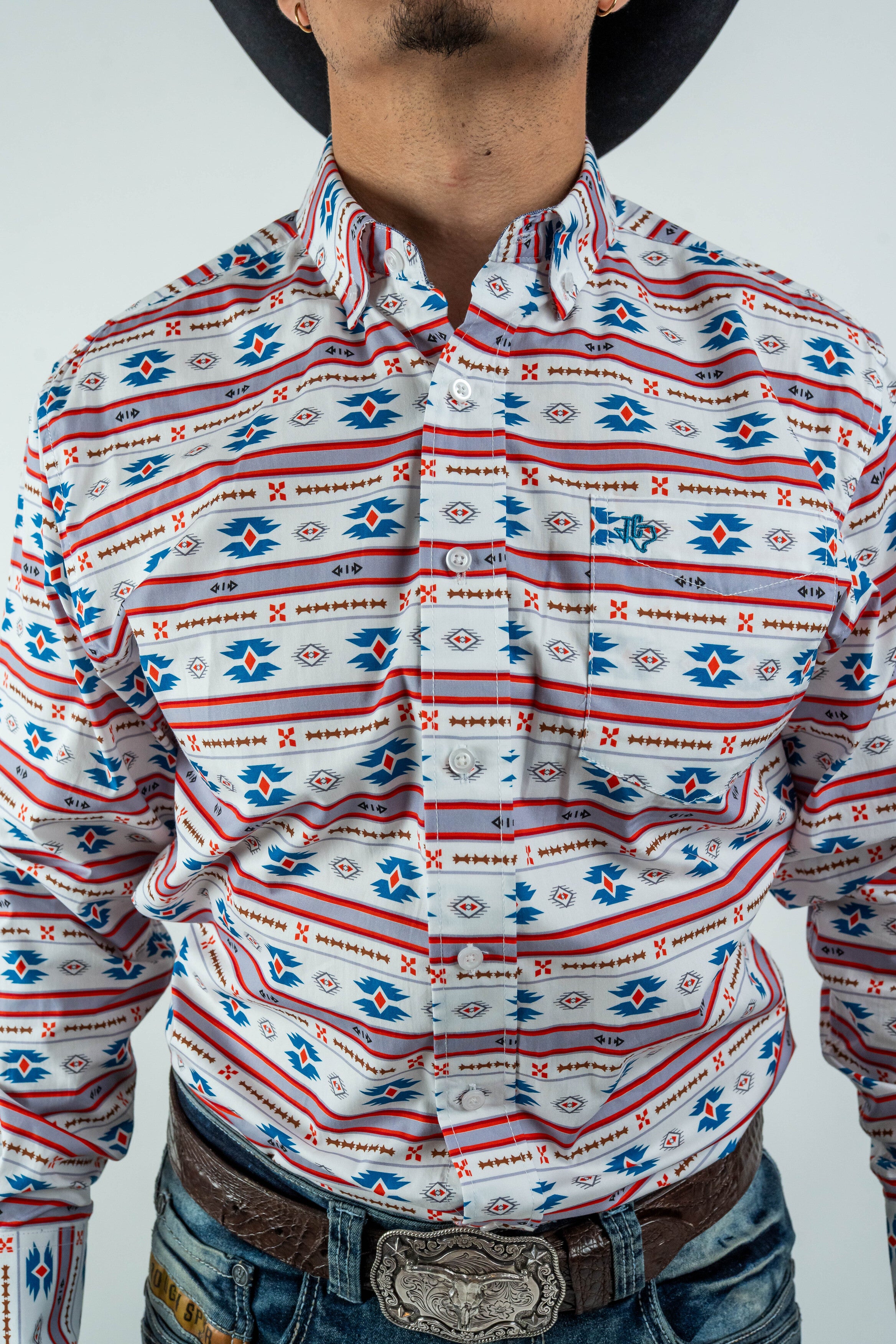 Texas Country - White Aztec Stripe Pearl Snap Long Sleeve Shirt (PS300L/T #1054)