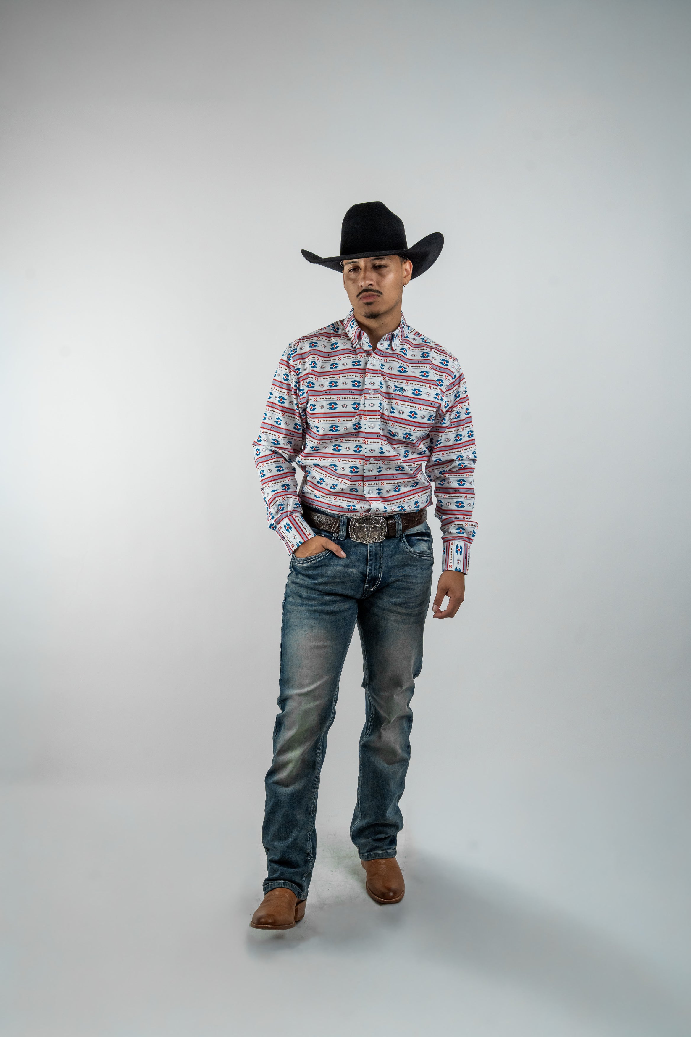 Texas Country - White Aztec Stripe Pearl Snap Long Sleeve Shirt (PS300L/T #1054)