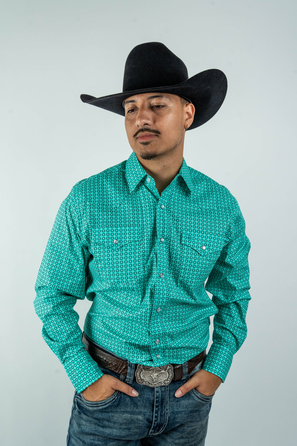 Texas Country - Turquoise Flowers Pearl Snap Long Sleeve Shirt (PS100L/T #1108)