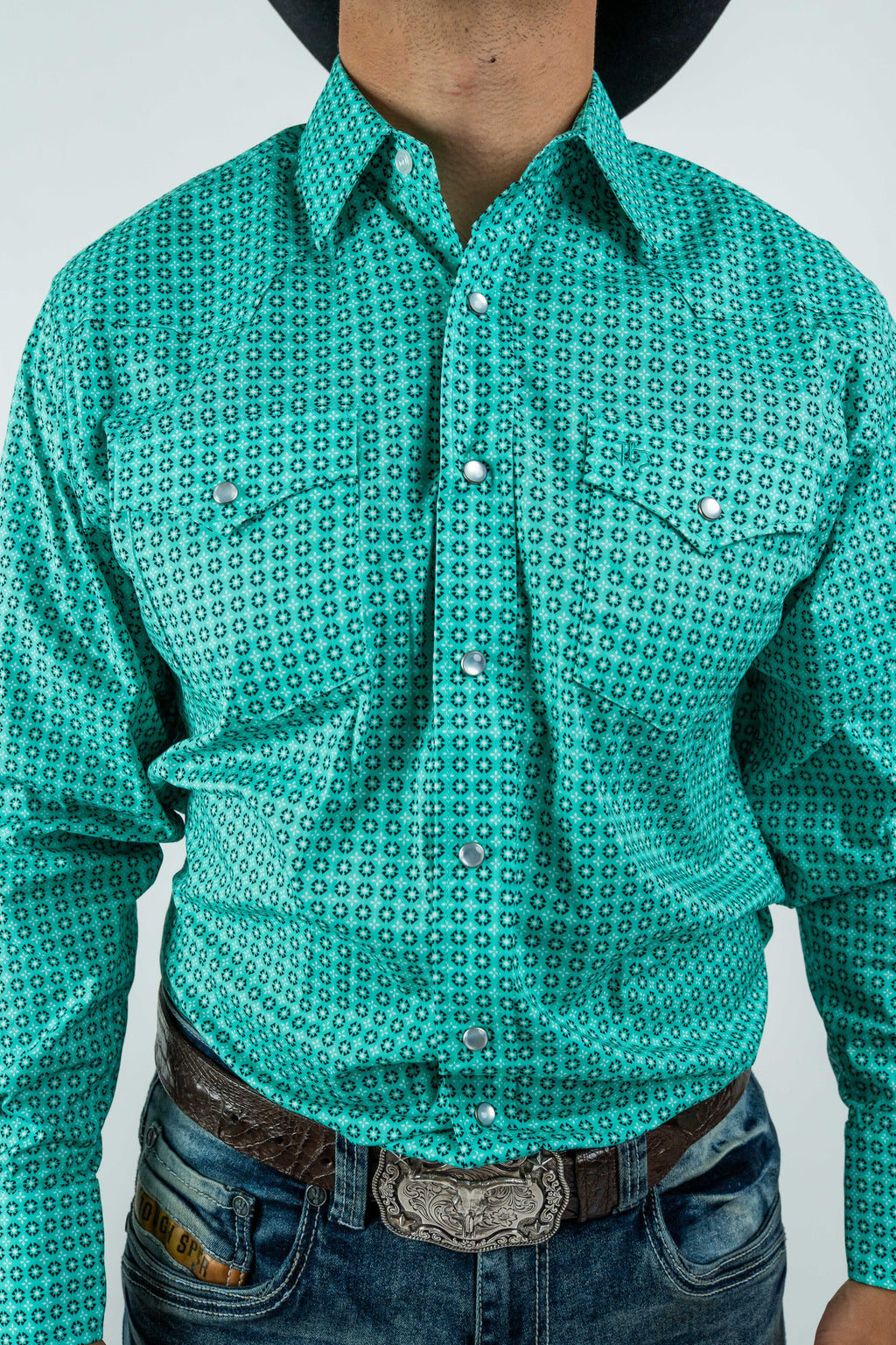 Texas Country - Turquoise Flowers Pearl Snap Long Sleeve Shirt (PS100L/T #1108)