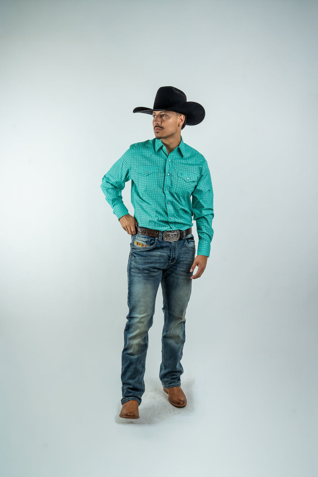 Texas Country - Turquoise Flowers Pearl Snap Long Sleeve Shirt (PS100L/T #1108)