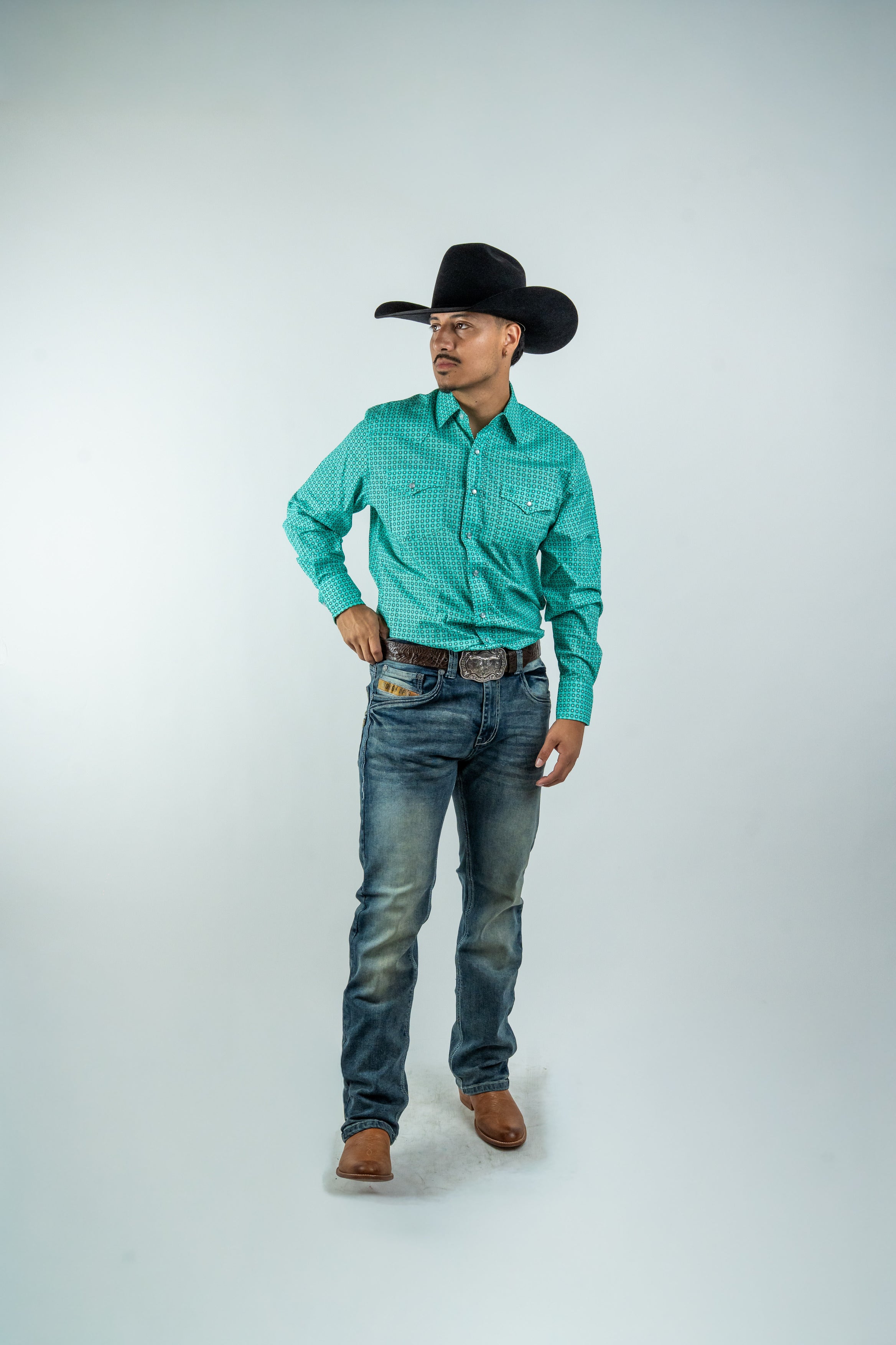 Texas Country - Turquoise Flowers Pearl Snap Long Sleeve Shirt (PS100L/T #1108)