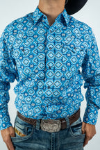 Texas Country - Blue Aztec Pearl Snap Long Sleeve Shirt (PS100L/T #173)