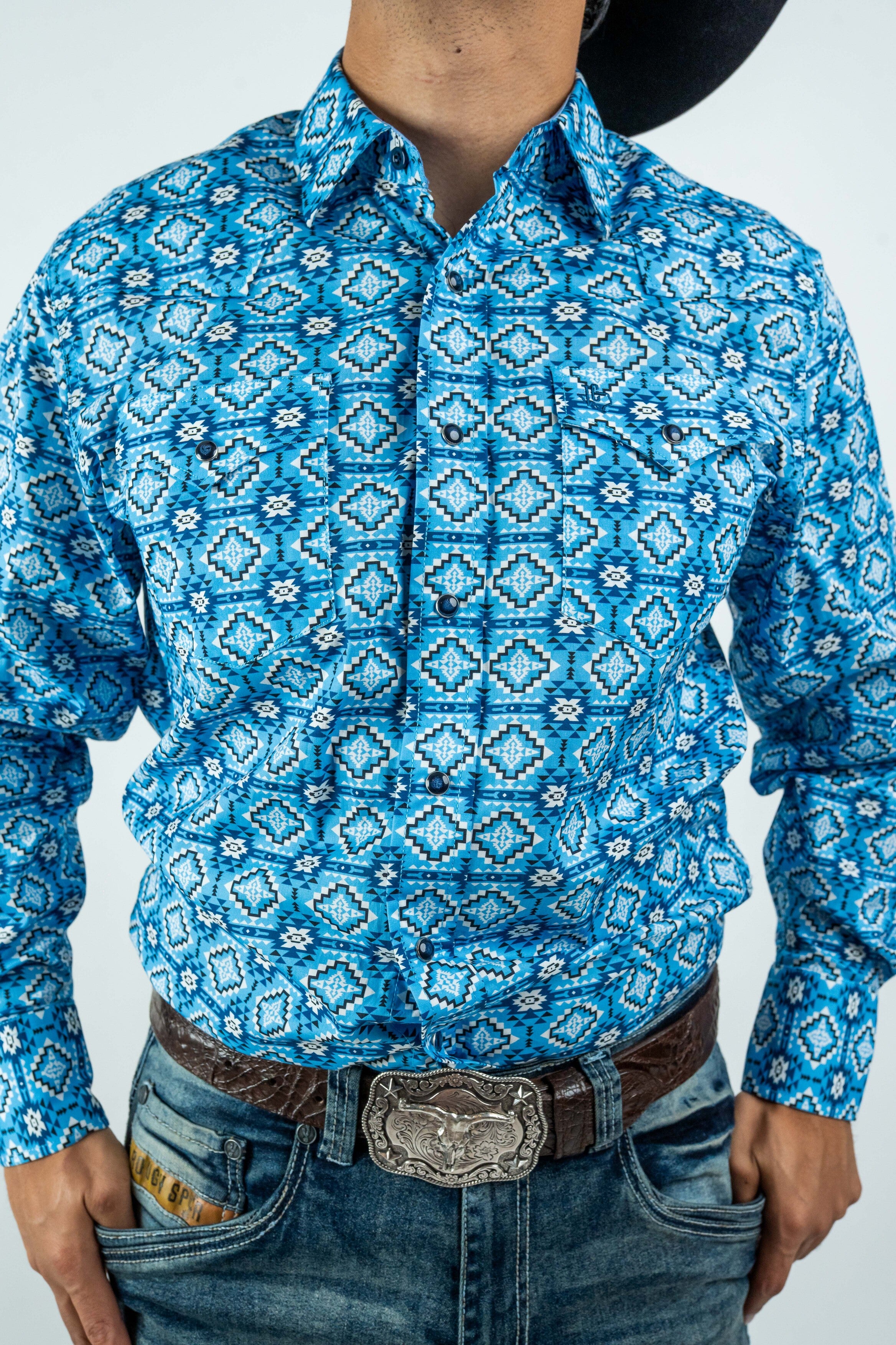 Texas Country - Blue Aztec Pearl Snap Long Sleeve Shirt (PS100L/T #173)