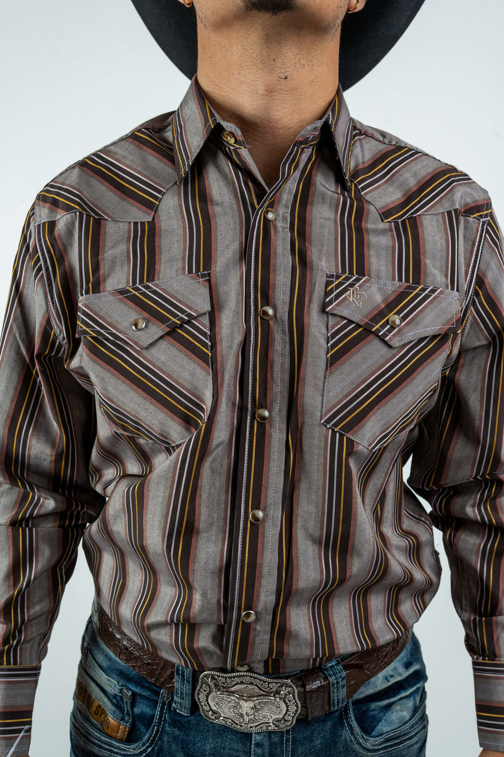 Texas Country - Brown Western Stripes Pearl Snap Long Sleeve Shirt (PS700L/T #7001)
