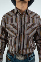 Texas Country - Brown Western Stripes Pearl Snap Long Sleeve Shirt (PS700L/T #7001)