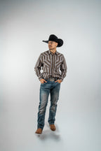Texas Country - Brown Western Stripes Pearl Snap Long Sleeve Shirt (PS700L/T #7001)