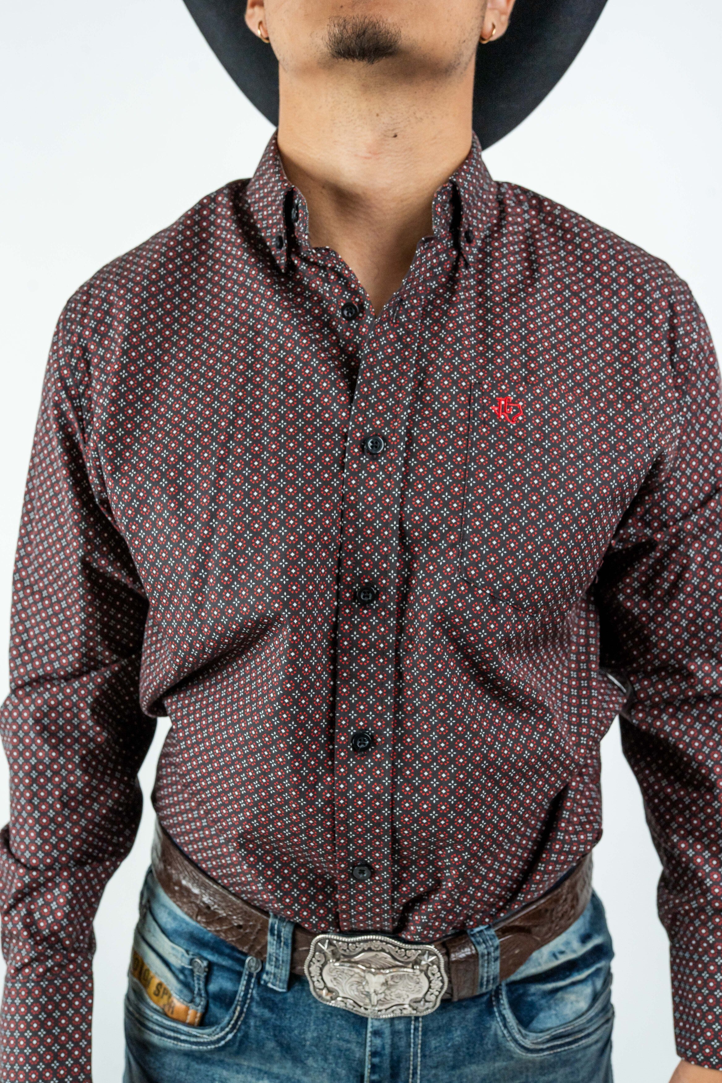 Texas Country - Black Flower Petals Button-Down Long Sleeve Shirt (MOD1085)