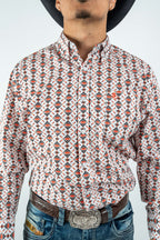 Texas Country - White Aztec Diamonds Button-Down Long Sleeve Shirt (MOD181)