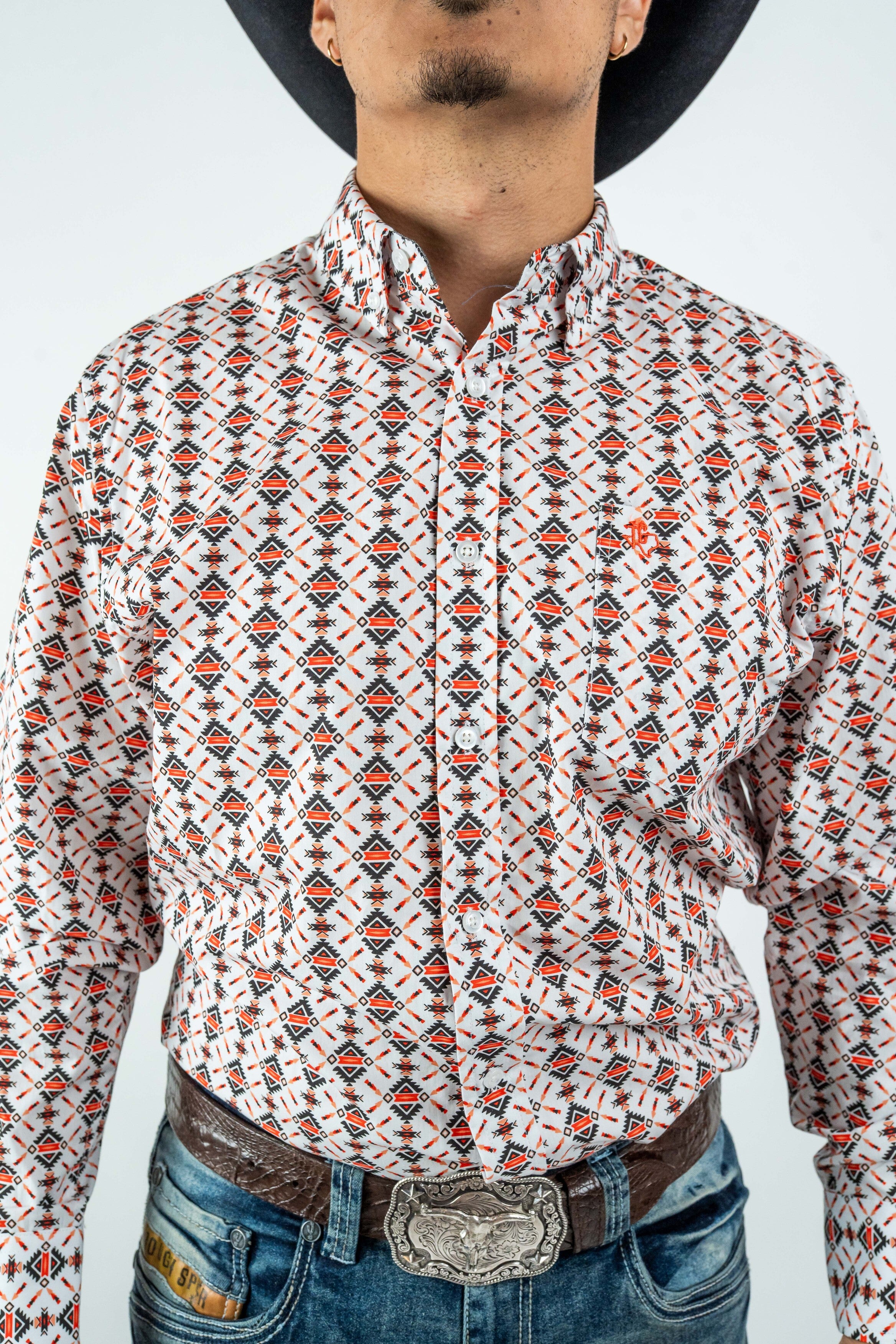 Texas Country - White Aztec Diamonds Button-Down Long Sleeve Shirt (MOD181)