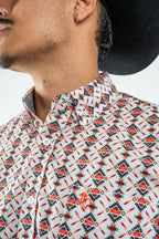 Texas Country - White Aztec Diamonds Button-Down Long Sleeve Shirt (MOD181)