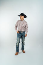 Texas Country - White Aztec Diamonds Button-Down Long Sleeve Shirt (MOD181)