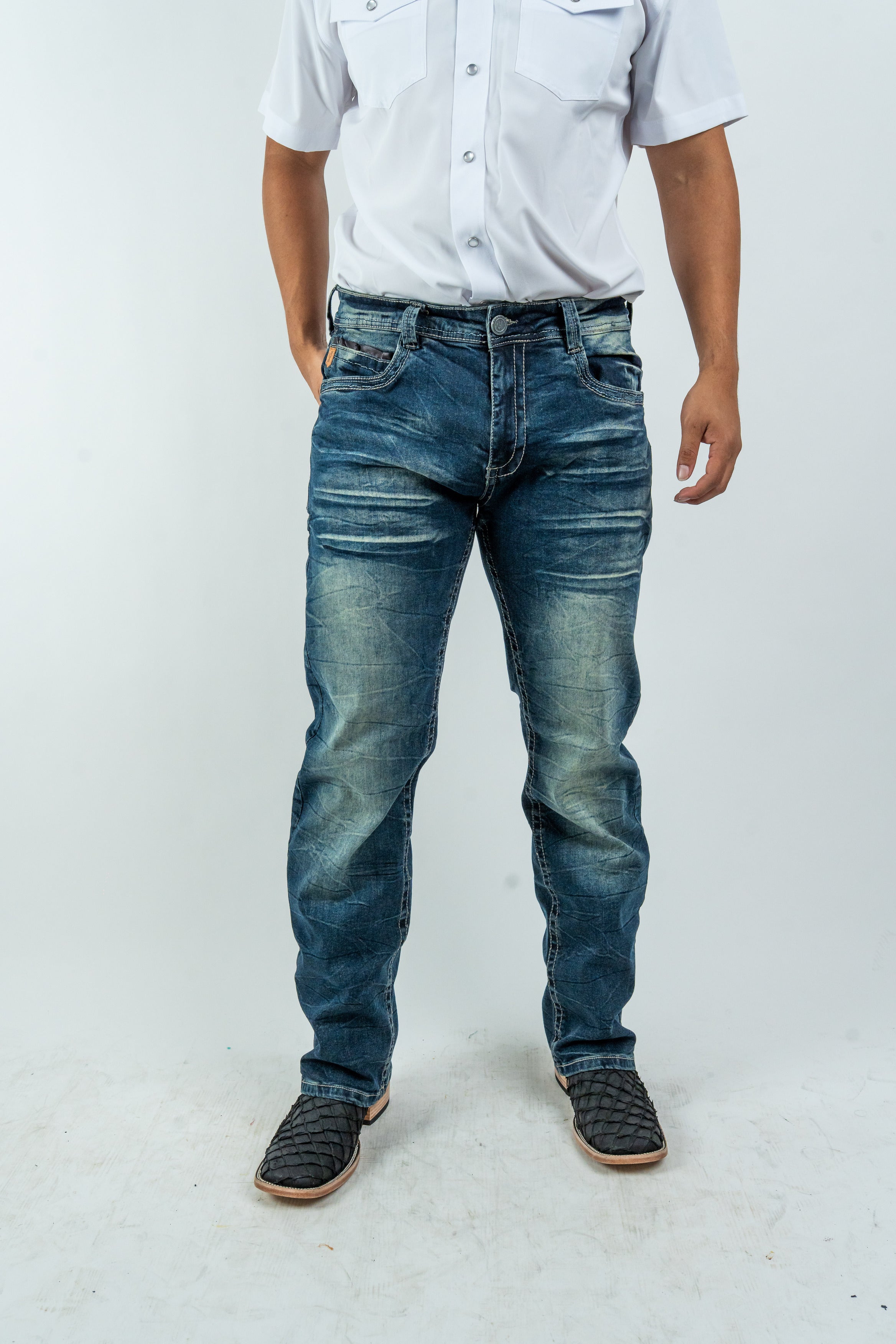 Men's Western Boot Cut Dark Blue Denim Jeans (RS-008)