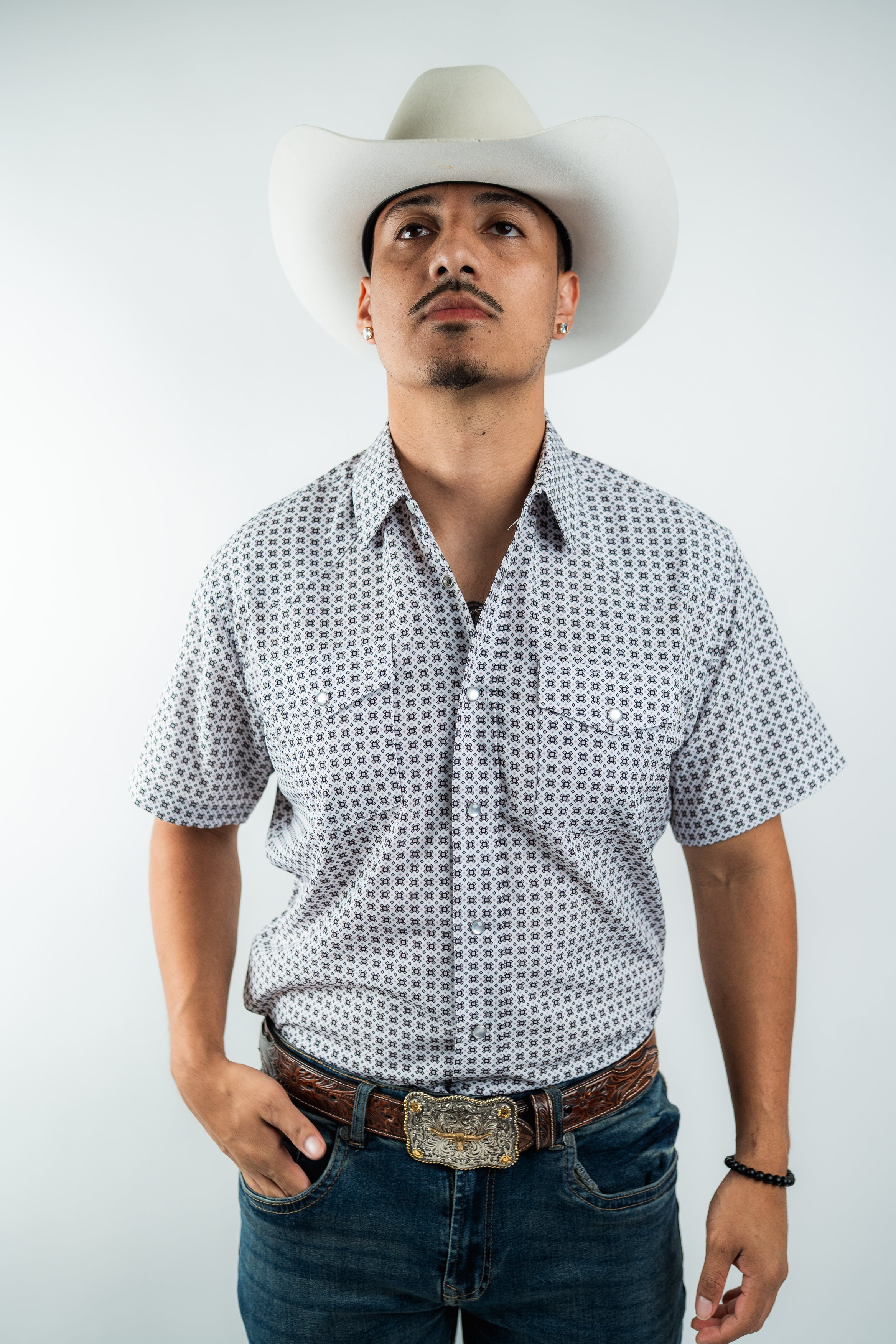 Texas Country - White Geometric Pearl Snap Short Sleeve Shirt (RT101S/T #1103)