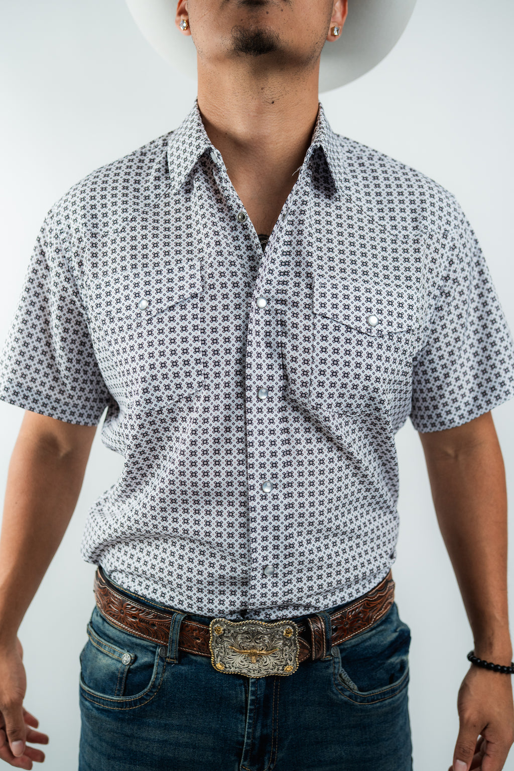 Texas Country - White Geometric Pearl Snap Short Sleeve Shirt (RT101S/T #1103)