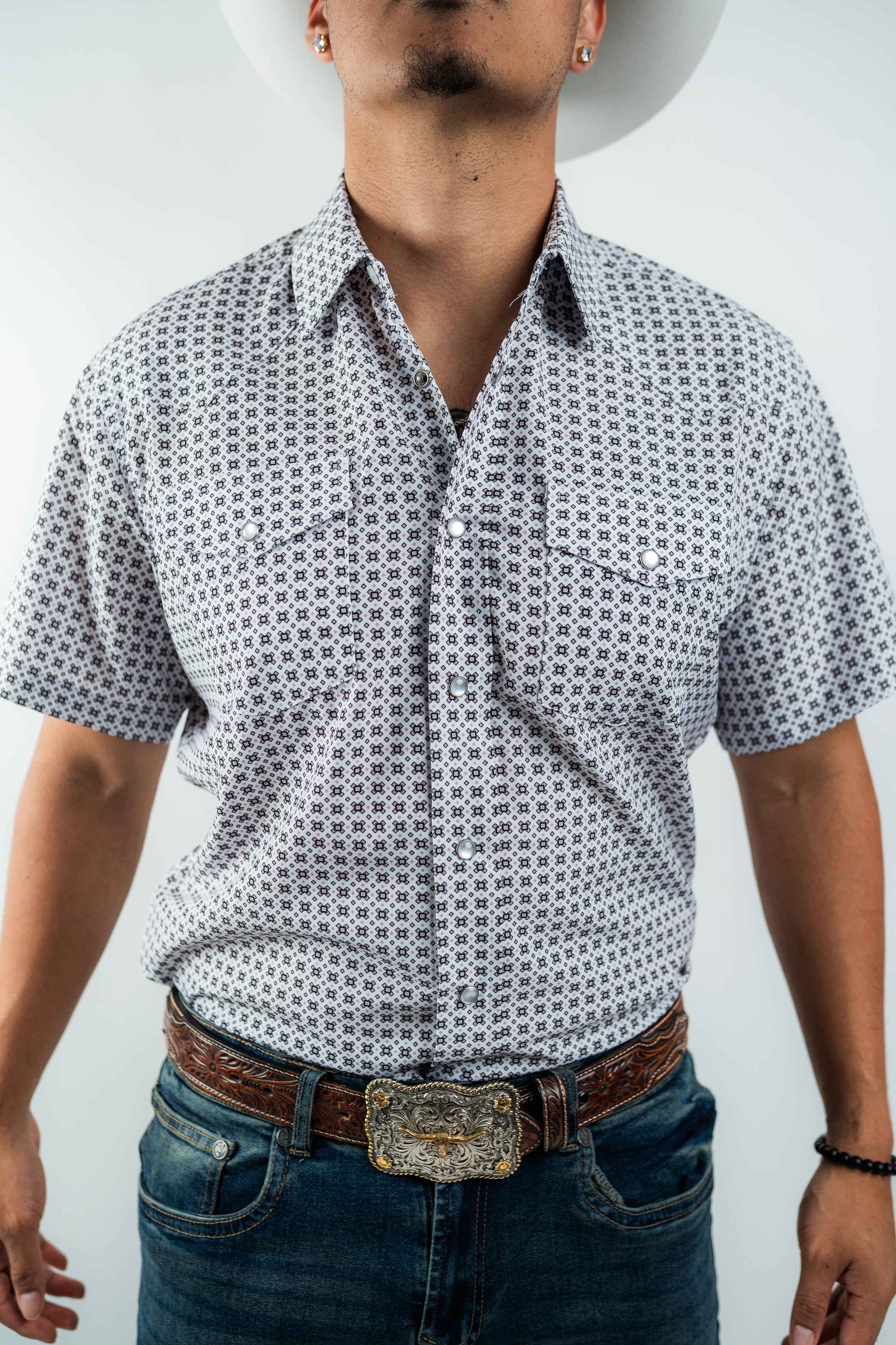 Texas Country - White Geometric Pearl Snap Short Sleeve Shirt (RT101S/T #1103)