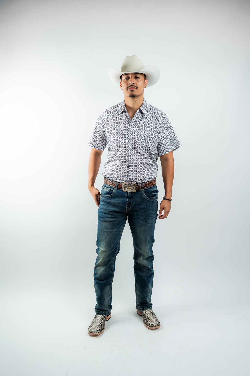 Texas Country - White Geometric Pearl Snap Short Sleeve Shirt (RT101S/T #1103)
