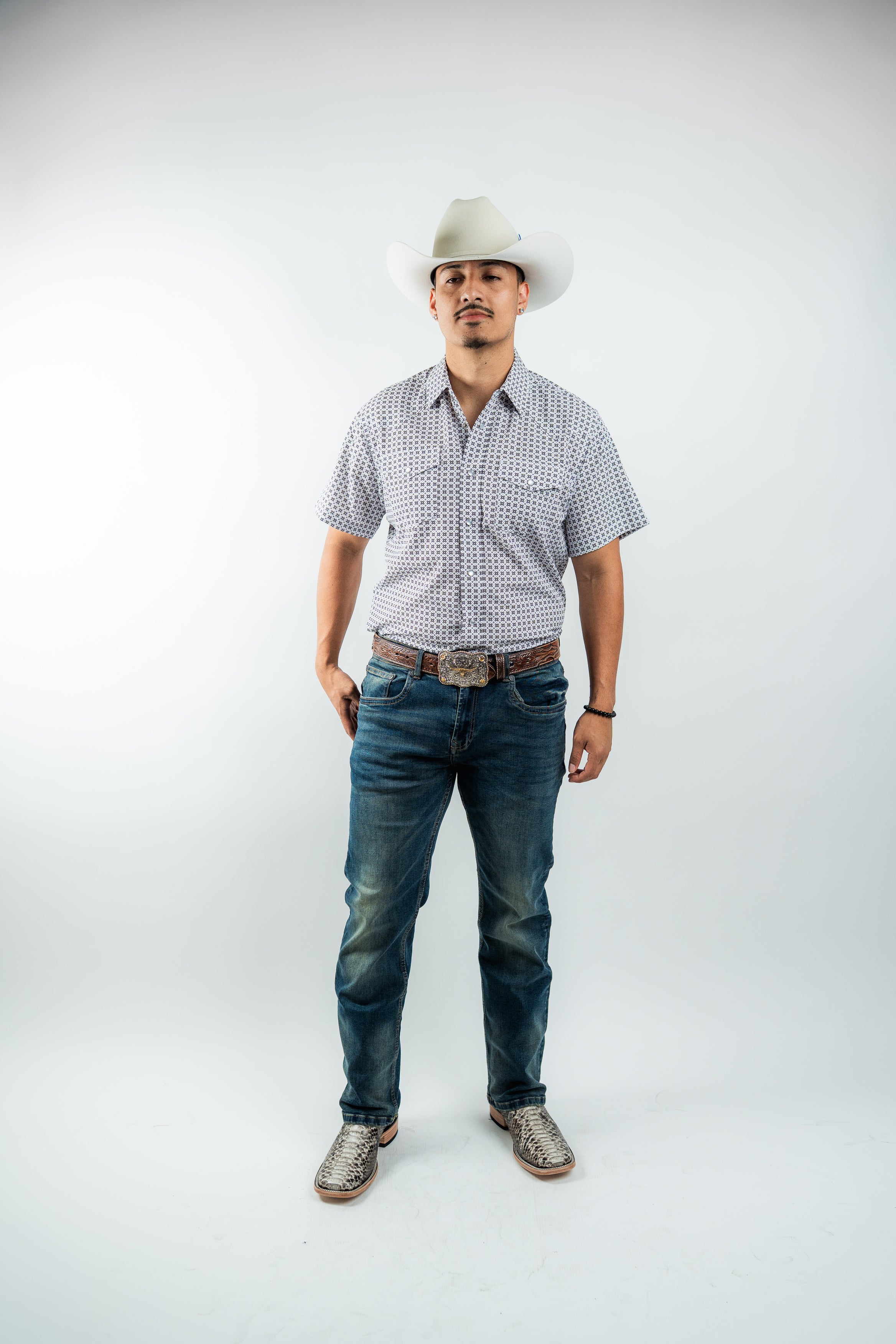 Texas Country - White Geometric Pearl Snap Short Sleeve Shirt (RT101S/T #1103)