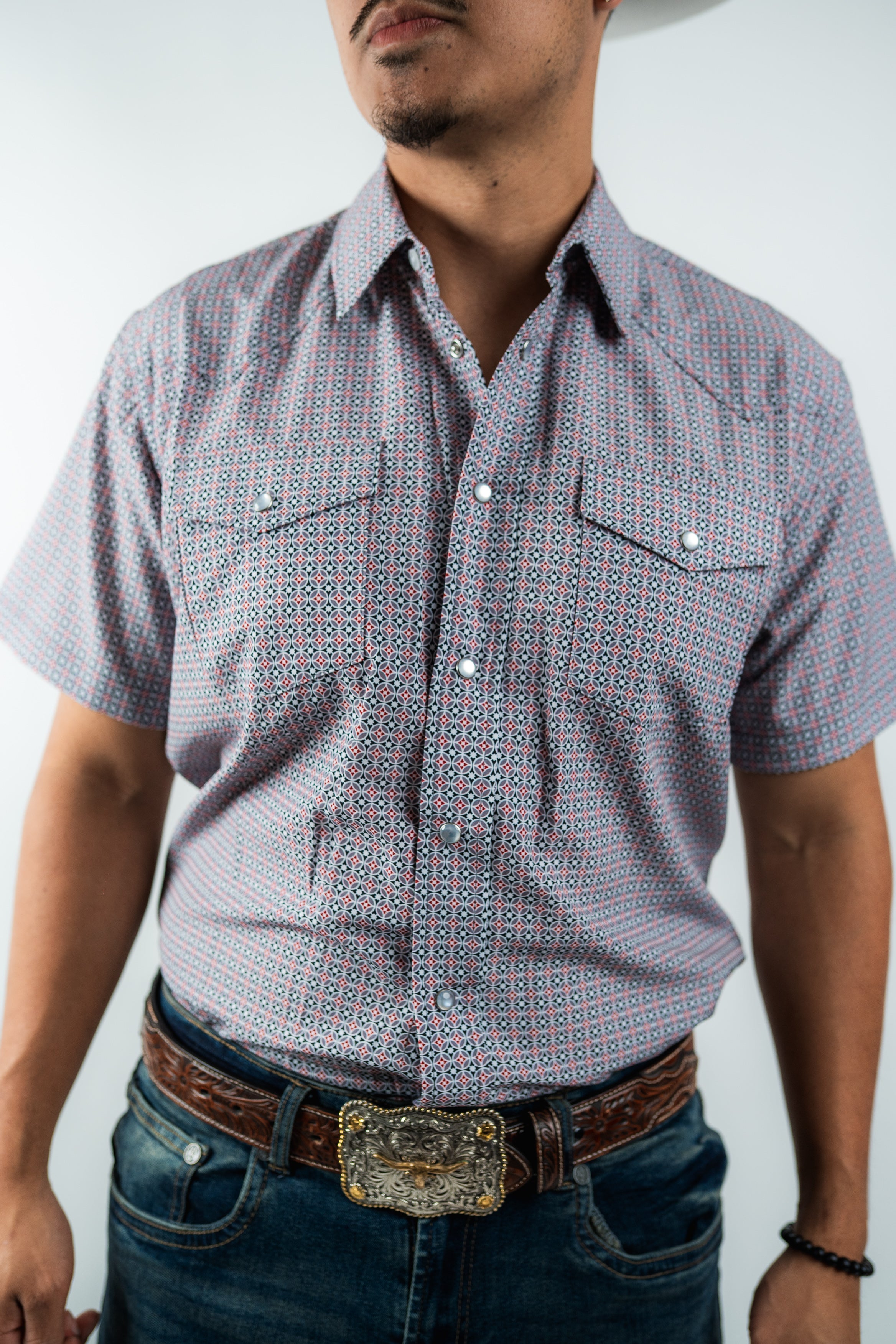 Texas Country - Geometric Black/Red Pearl Snap Short Sleeve Shirt (RT101ST #1104)