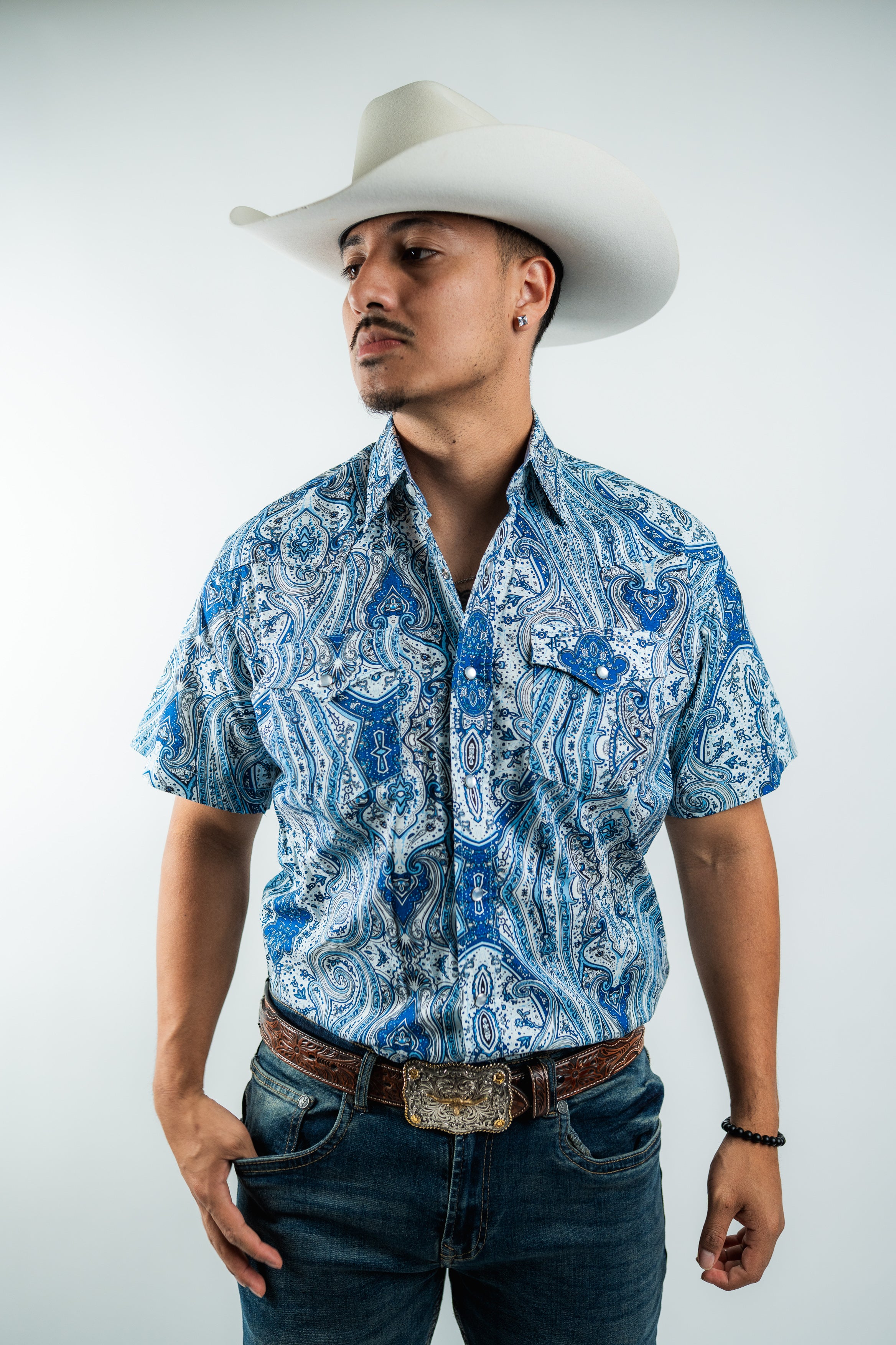 Texas Country - Blue Floral Pearl Snap Short Sleeve Shirt (PS100S/T #1111)