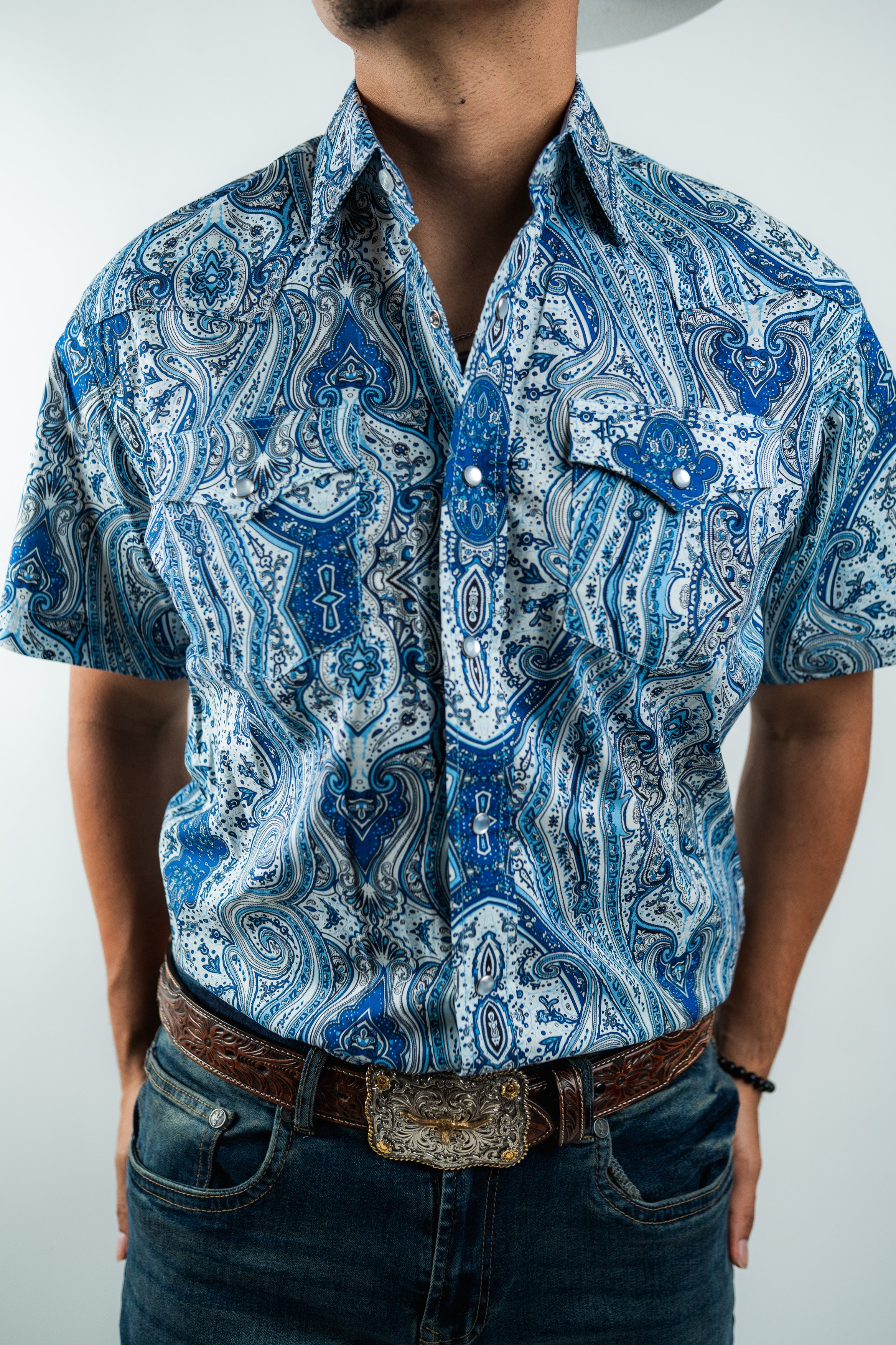 Texas Country - Blue Floral Pearl Snap Short Sleeve Shirt (PS100S/T #1111)