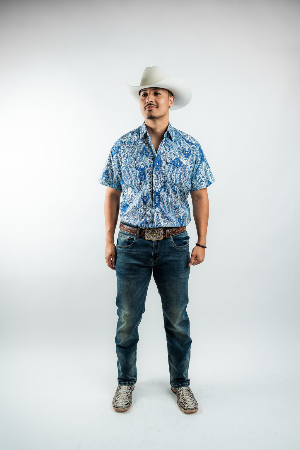 Texas Country - Blue Floral Pearl Snap Short Sleeve Shirt (PS100S/T #1111)