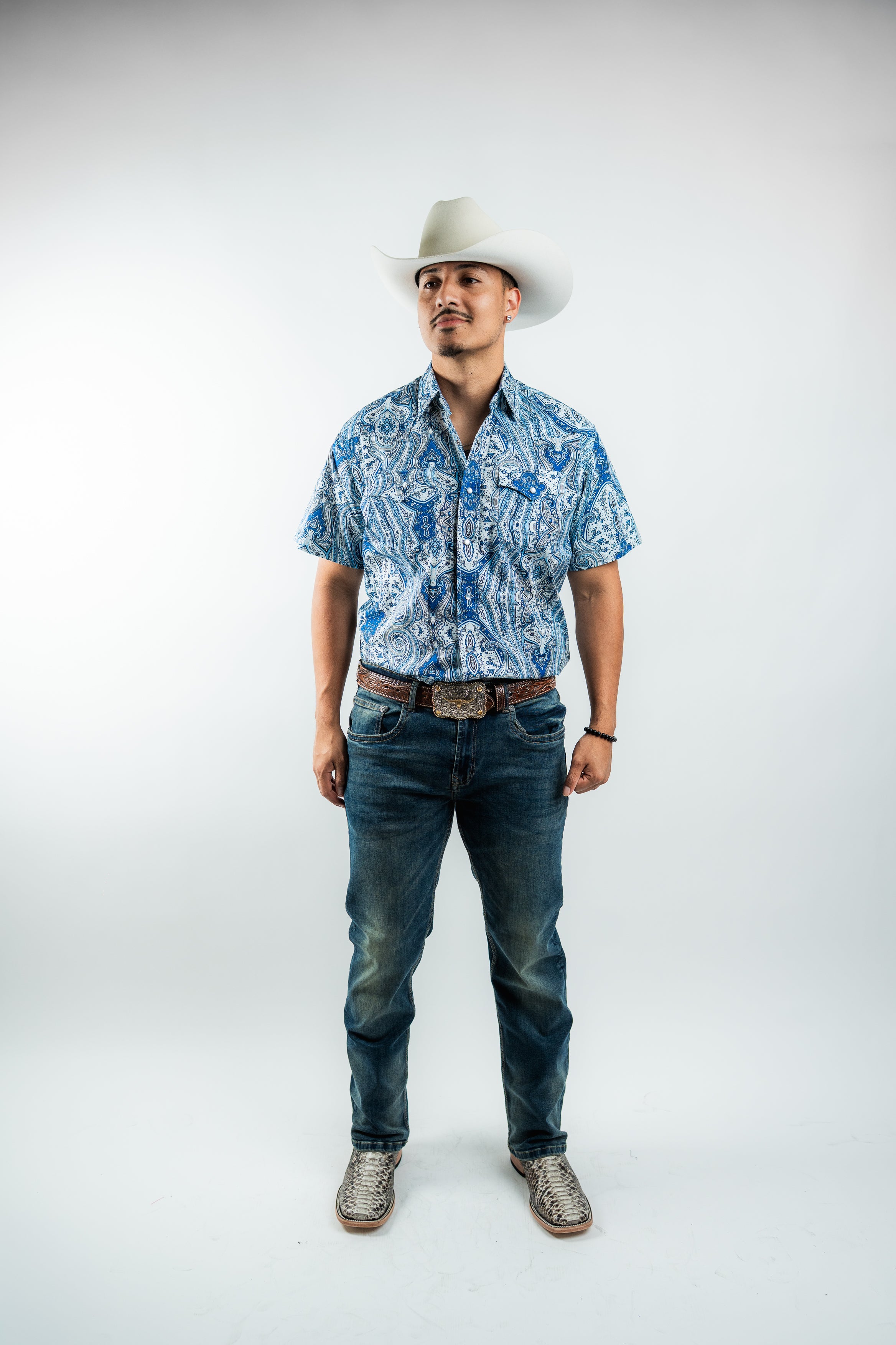 Texas Country - Blue Floral Pearl Snap Short Sleeve Shirt (PS100S/T #1111)