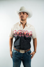Texas Country - Beige & Black Aztec Western Short Sleeve Shirt (PS100S/T #1150)