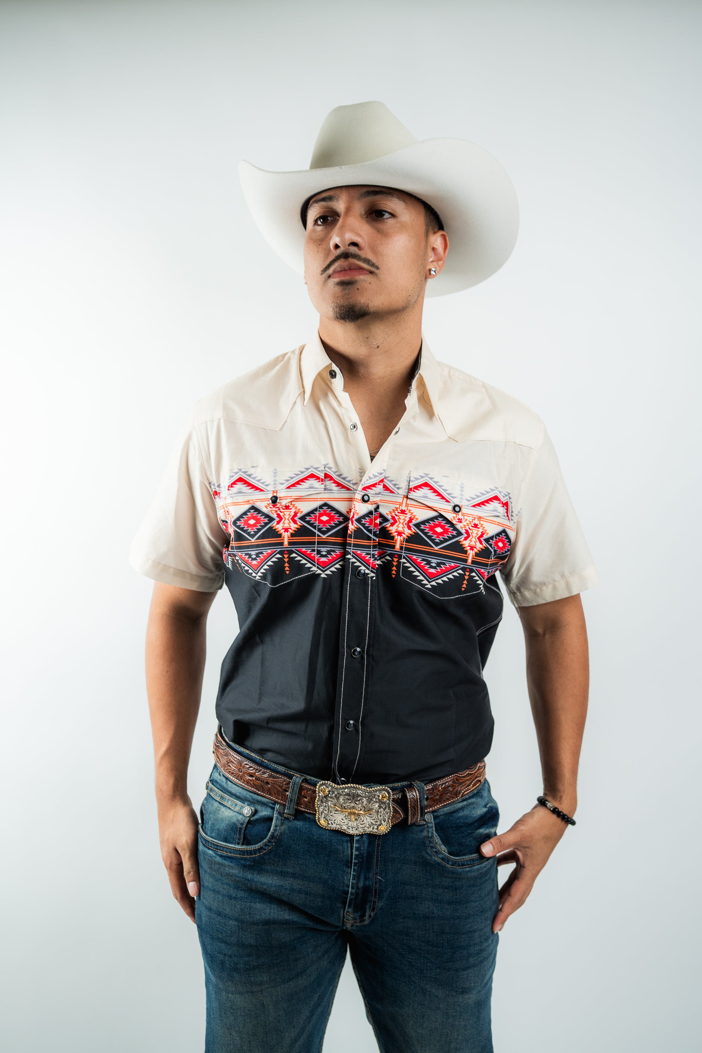Texas Country - Beige & Black Aztec Western Short Sleeve Shirt (PS100S/T #1150)