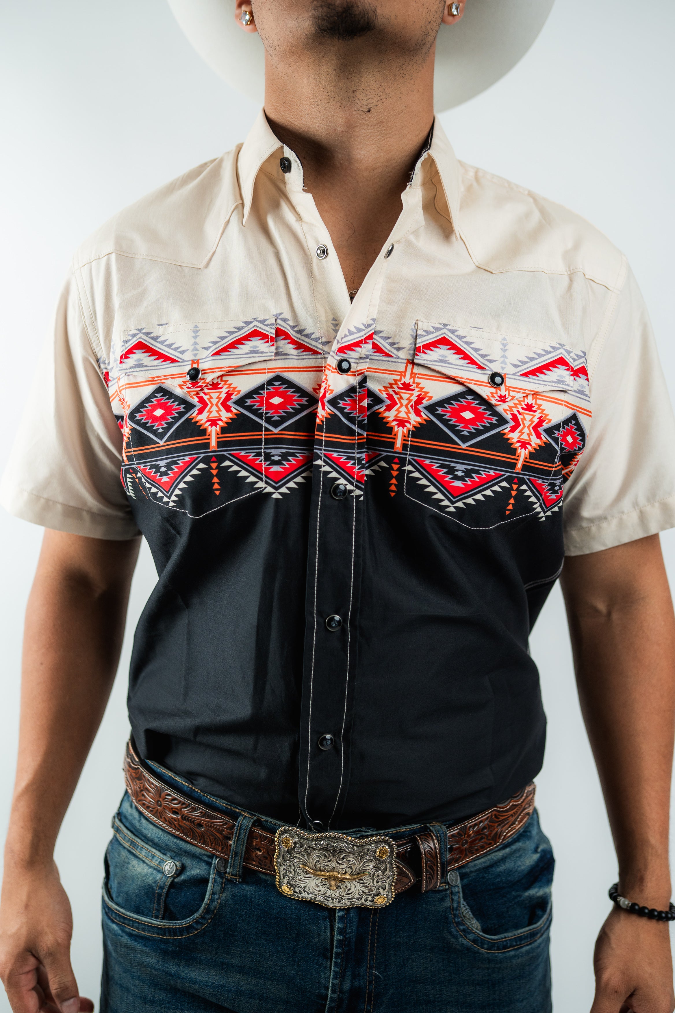 Texas Country - Beige & Black Aztec Western Short Sleeve Shirt (PS100S/T #1150)
